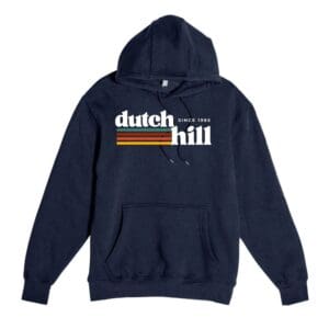 Navy blue hoodie with 'dutch hill' text and orange underline design.