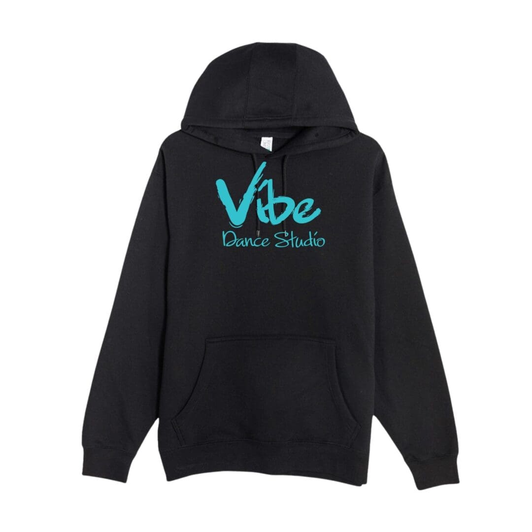 Black pullover hoodie with aqua Vibe logo