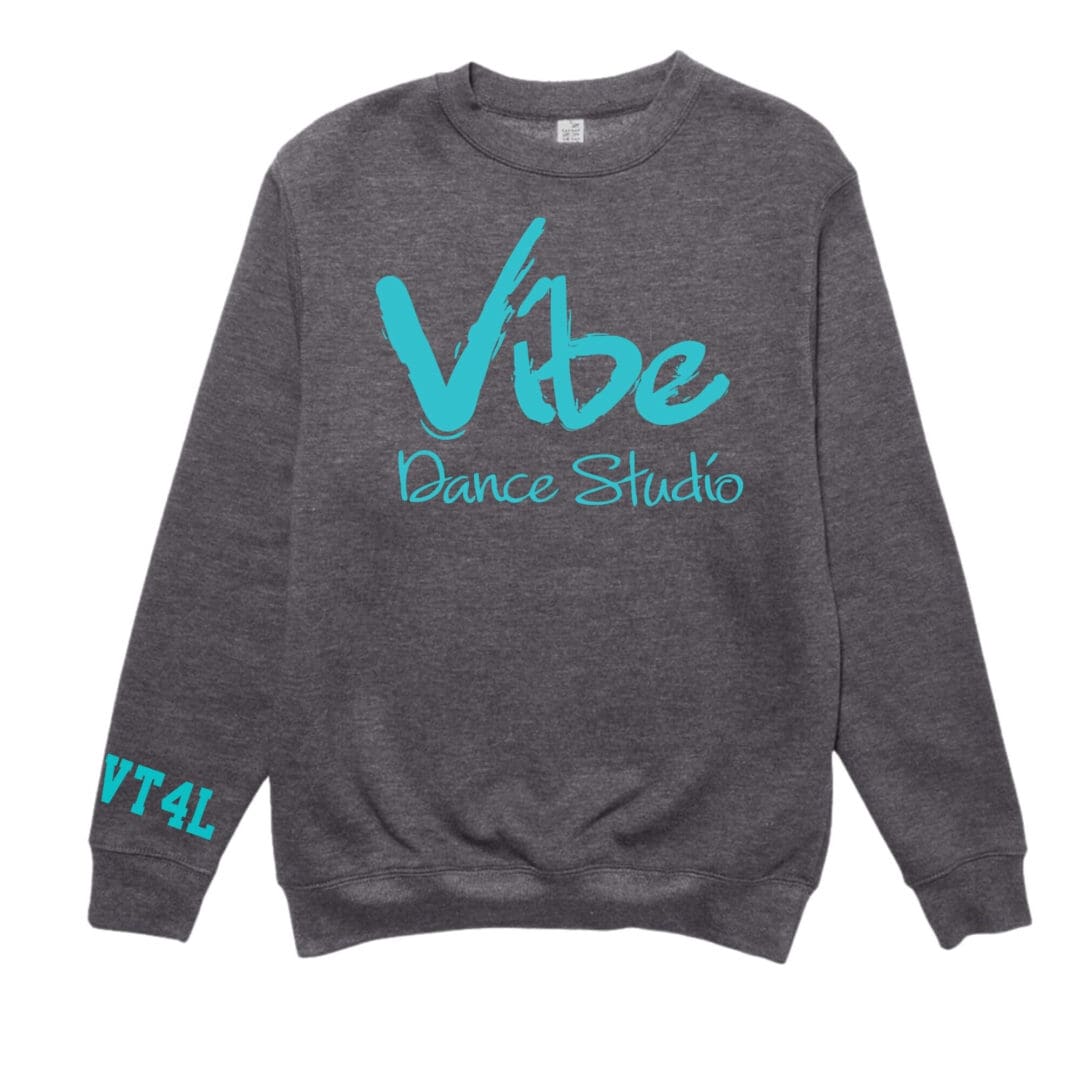 Gray sweatshirt with turquoise "Vibe Dance" logo