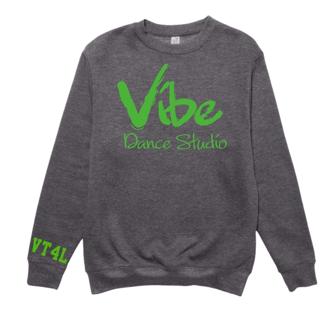 Charcoal crewneck sweatshirt with green Vibe logo
