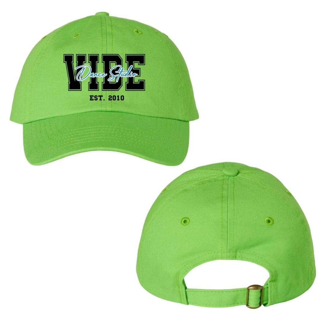 Bright green cap with embroidered design.