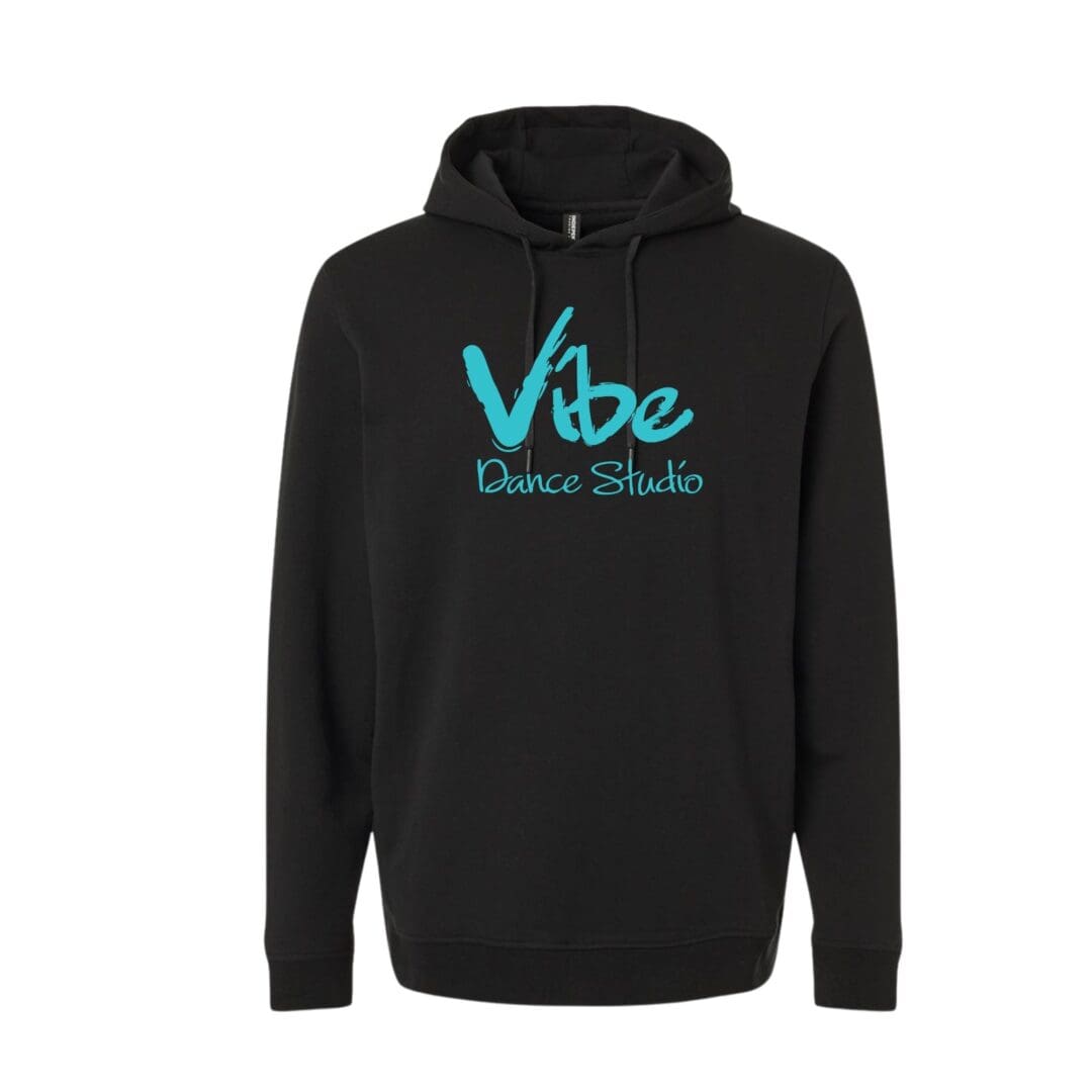 Black hoodie with turquoise Vibe Dance Studio logo