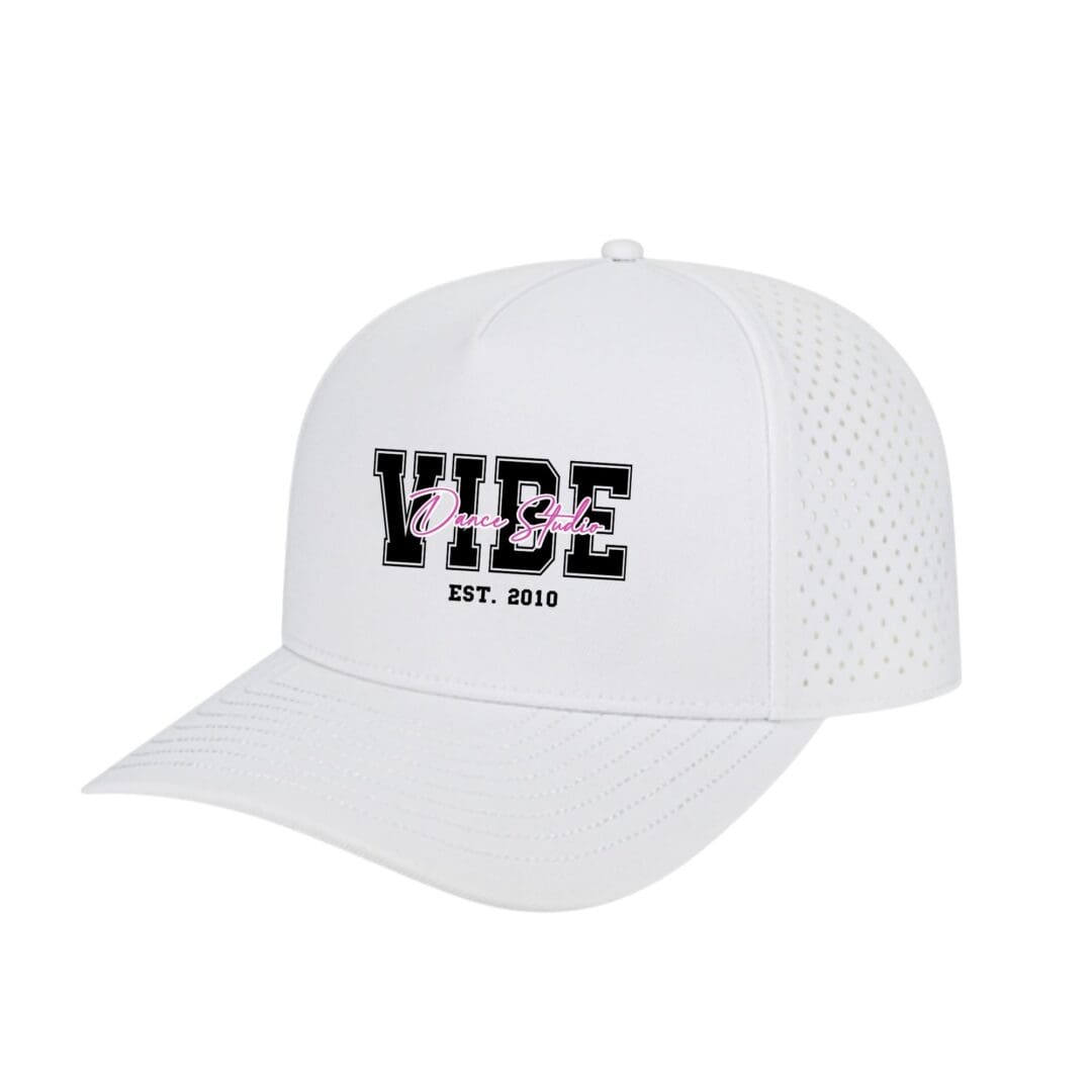 White cap with "VIBE" text design.