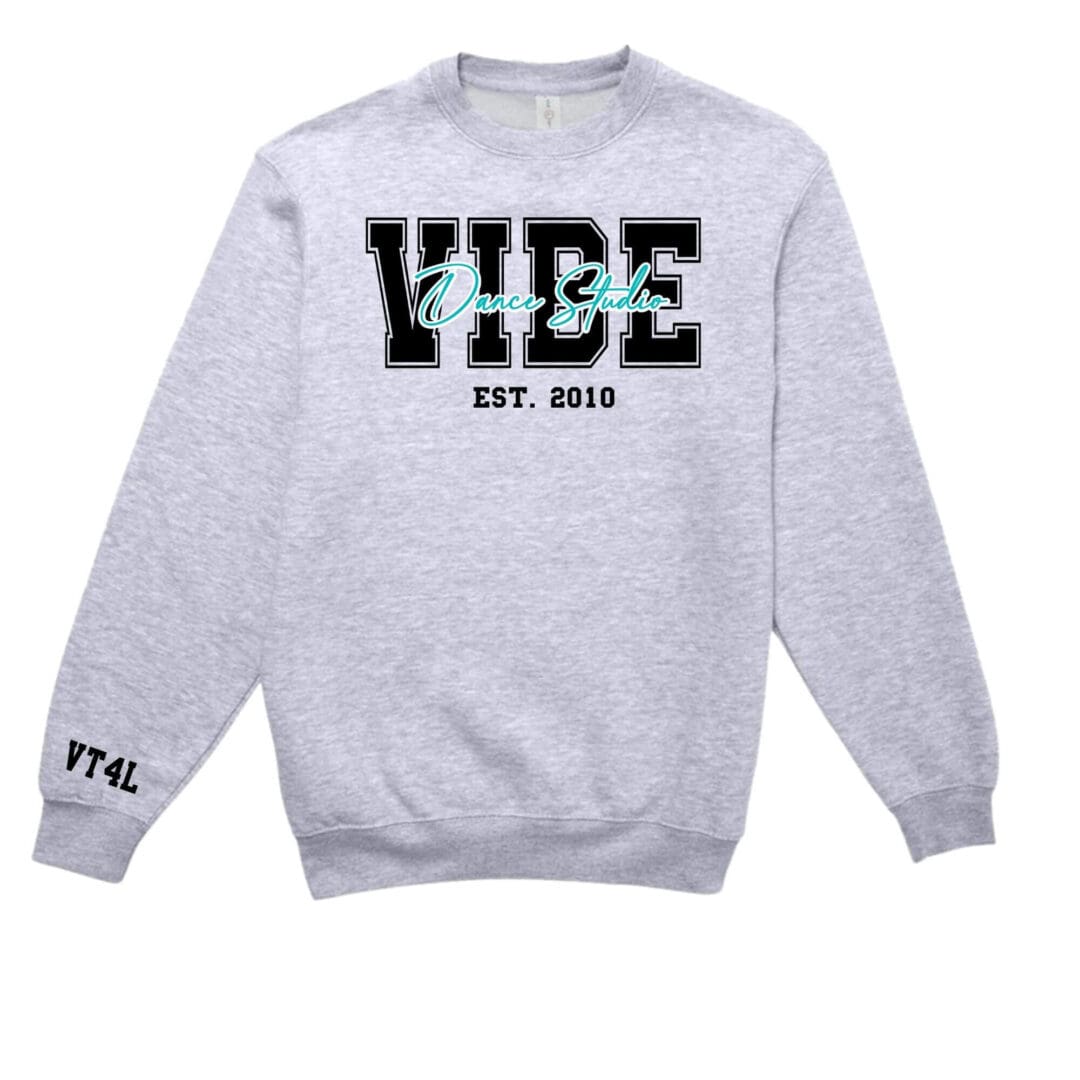 Gray sweatshirt with "Vibe Dance Studio" text.