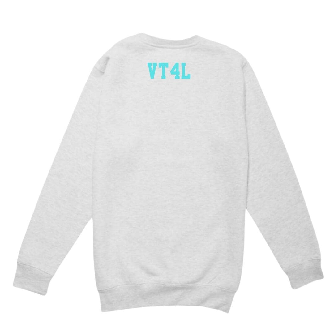 Gray sweatshirt with "VT4L" on back.