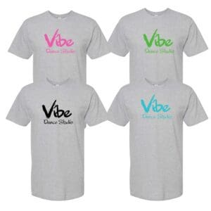 Gray T-shirts with colorful "Vibe Dance Studio" logo.