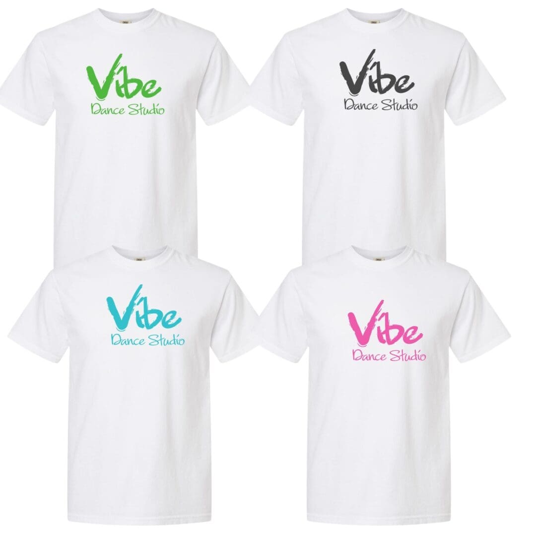 Four white "Vibe Dance Studio" T-shirts.