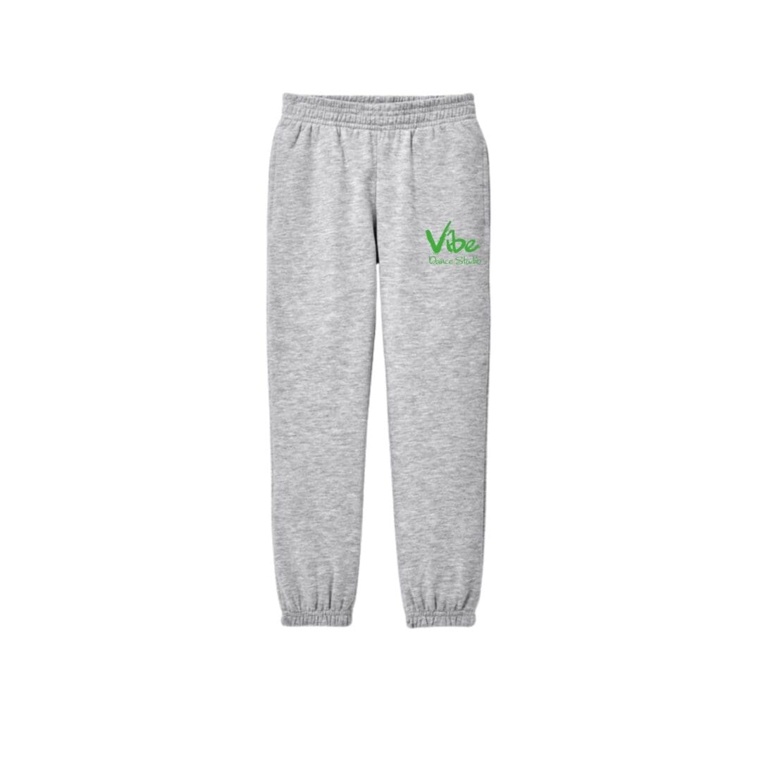 Gray sweatpants with green "Vibe" logo.