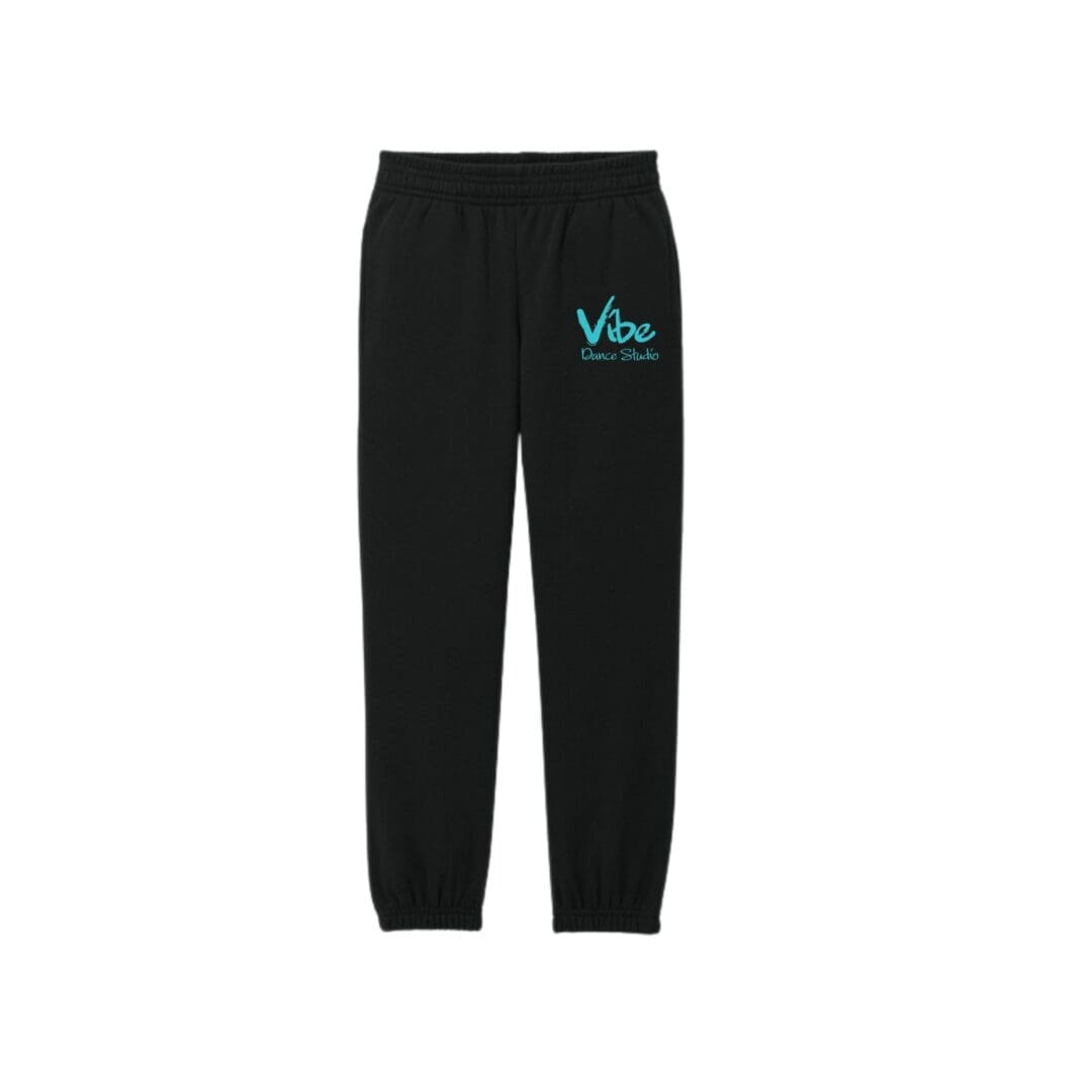 Black sweatpants with turquoise logo design.
