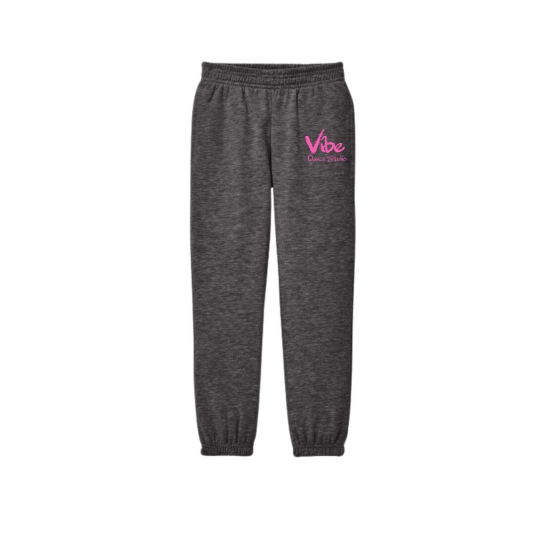 Gray sweatpants with pink "Vibe" logo.