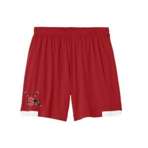Red athletic shorts with lacrosse logo
