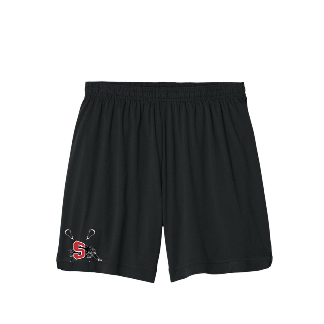 Black athletic shorts with lacrosse logo