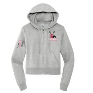 Gray hoodie with sports team logos.
