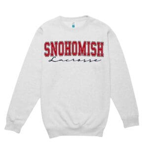 White sweatshirt with "Snohomish Lacrosse" text.