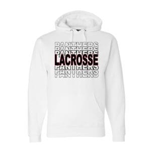 White hoodie with "Panthers Lacrosse" design.