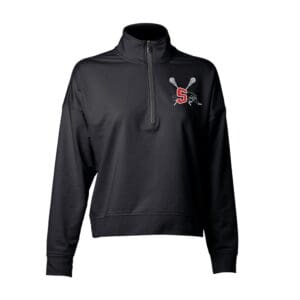 Black quarter-zip sweatshirt with red logo.