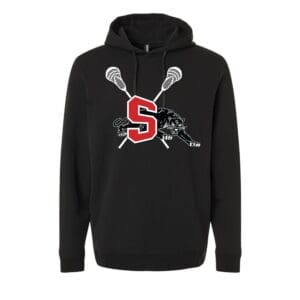 Black hoodie with lacrosse-themed design.
