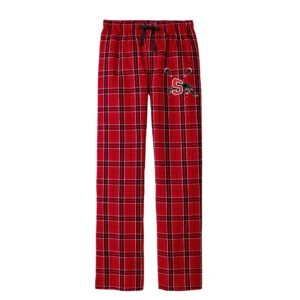 Red plaid pajama pants with S logo