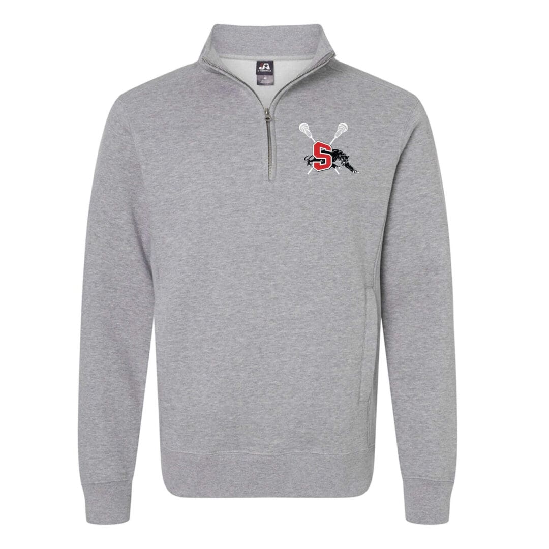 Gray quarter-zip sweatshirt with embroidered logo.