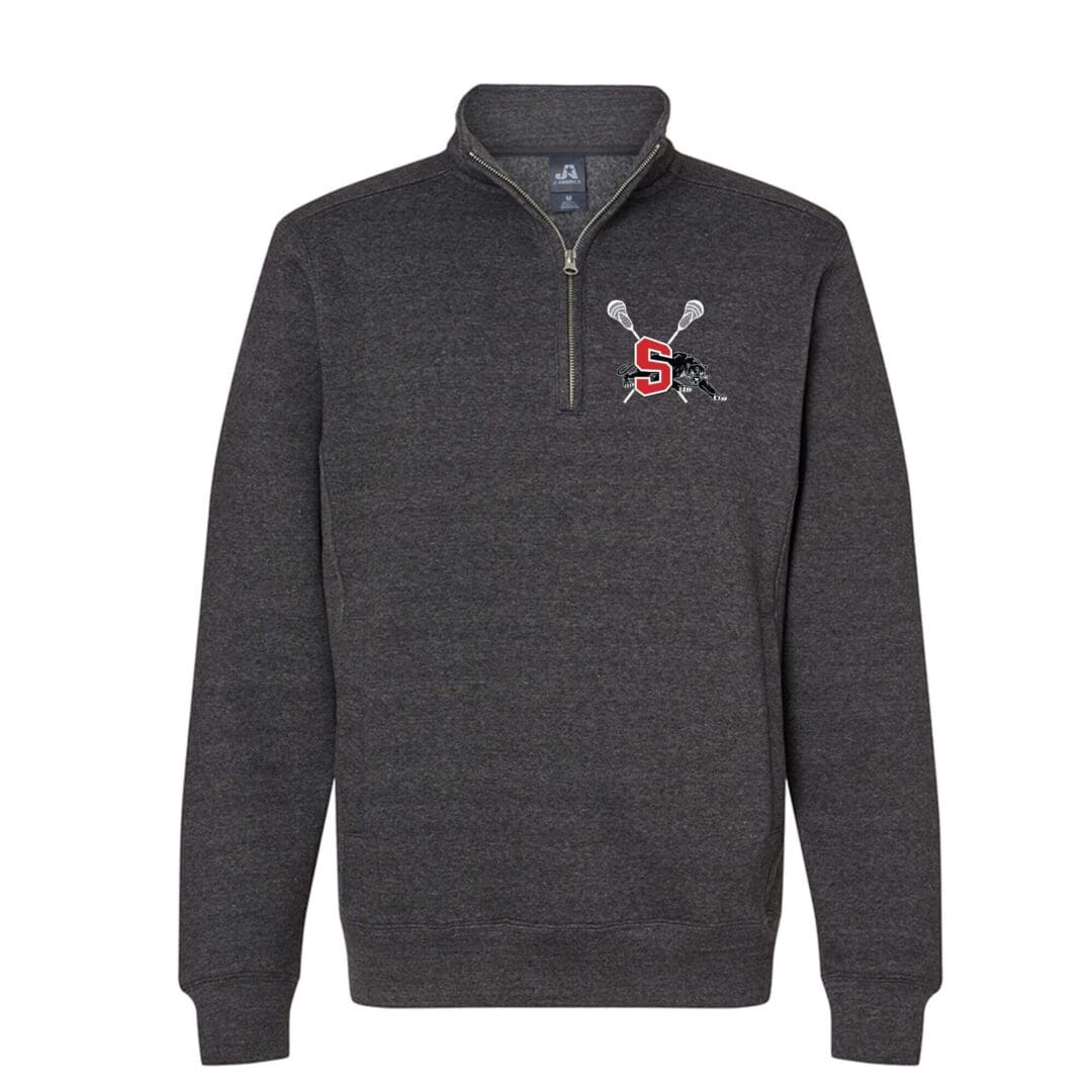 Gray quarter-zip sweatshirt with logo design.