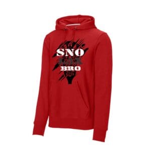 Red hoodie with "Sno Bro" graphic design.