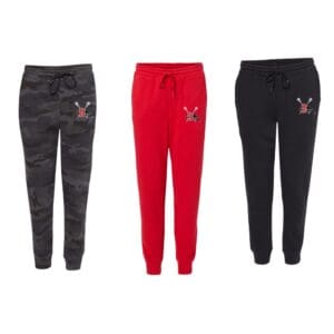 Three pairs of joggers in different colors.