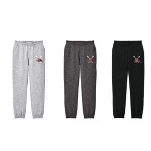 Three pairs of sweatpants in different colors.