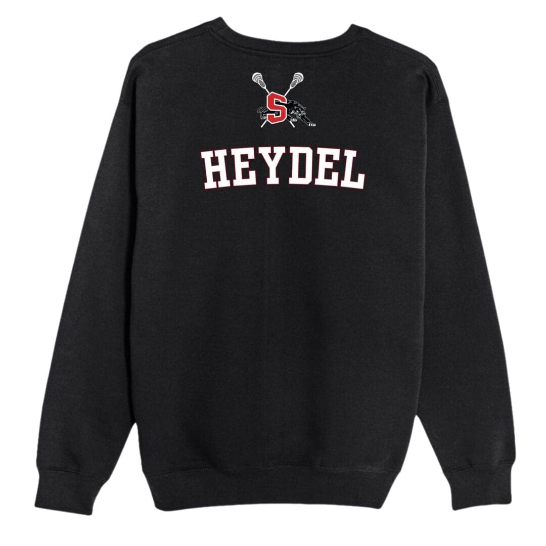 Black sweatshirt with "HEYDEL" and lacrosse design.