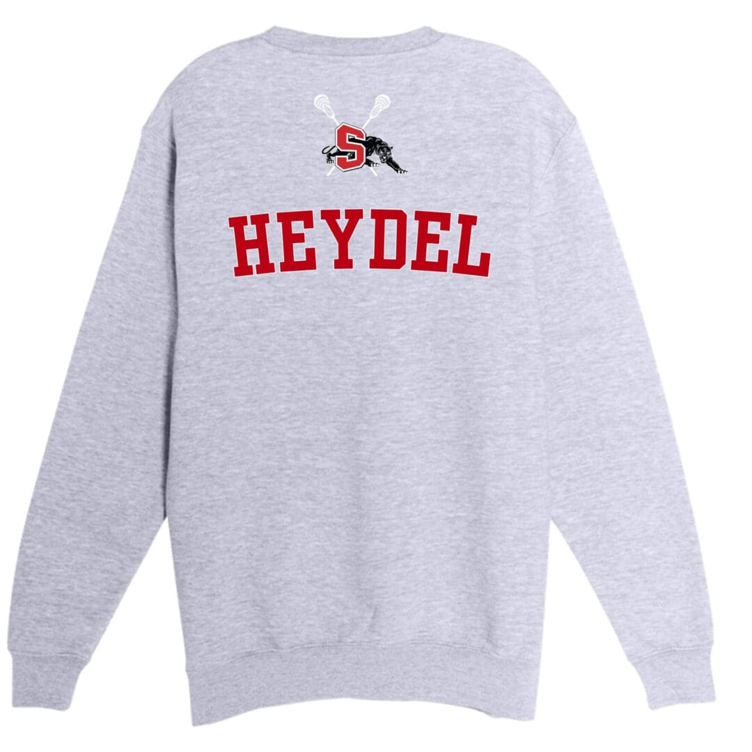 Gray sweatshirt with "HEYDEL" and logo.