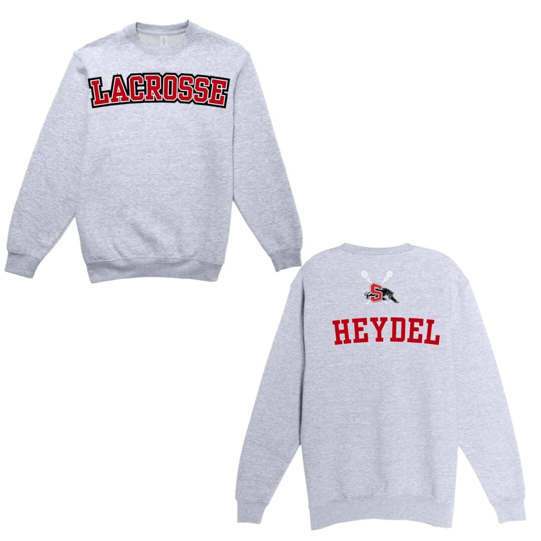 Gray sweatshirt with "LACROSSE" and "HEYDEL" text.