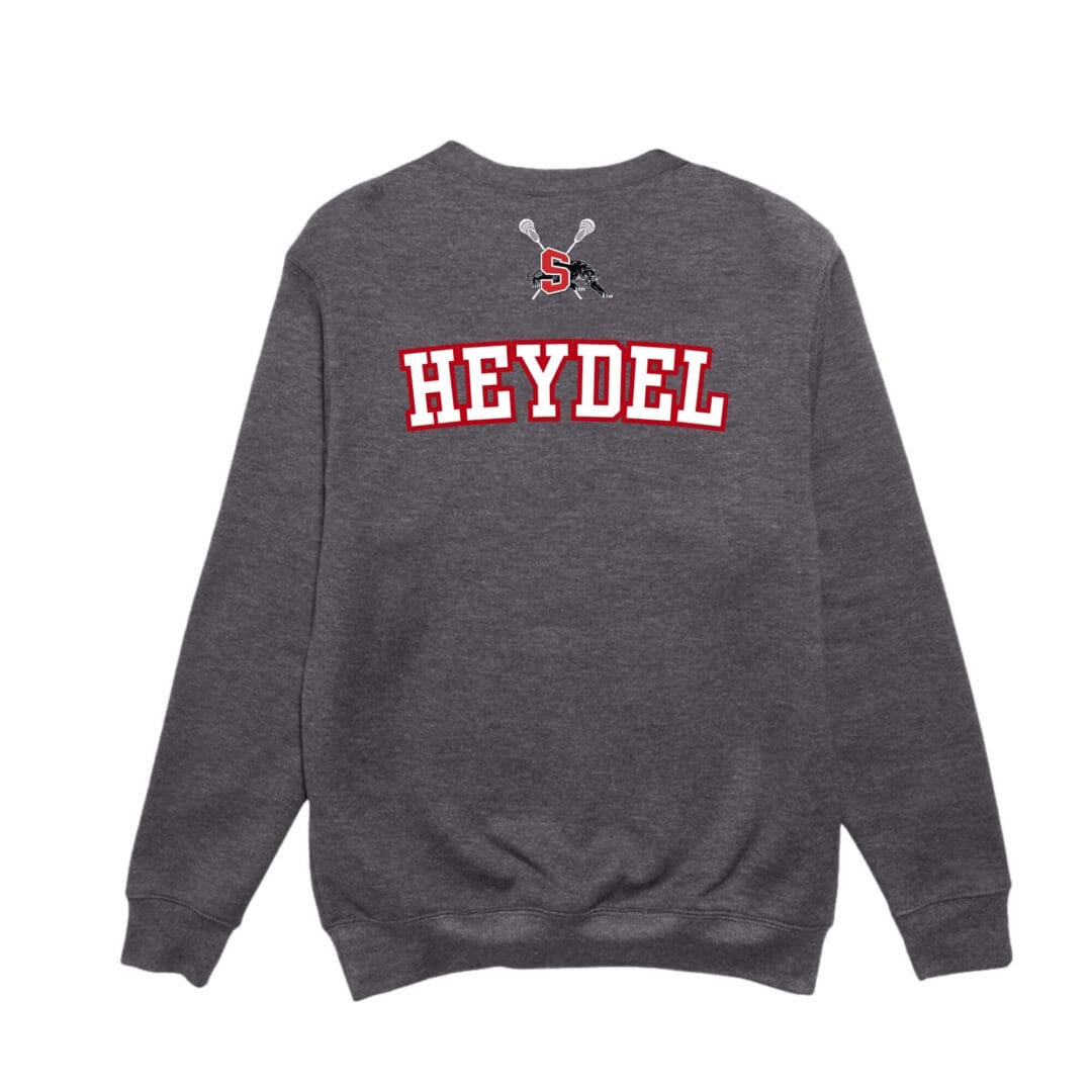 Gray sweatshirt with "HEYDEL" text design.