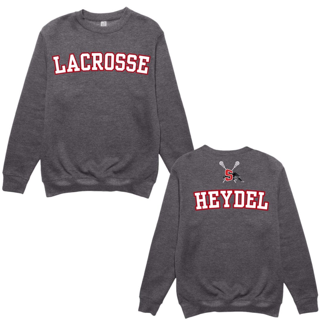 Gray lacrosse sweatshirt with text and logo.