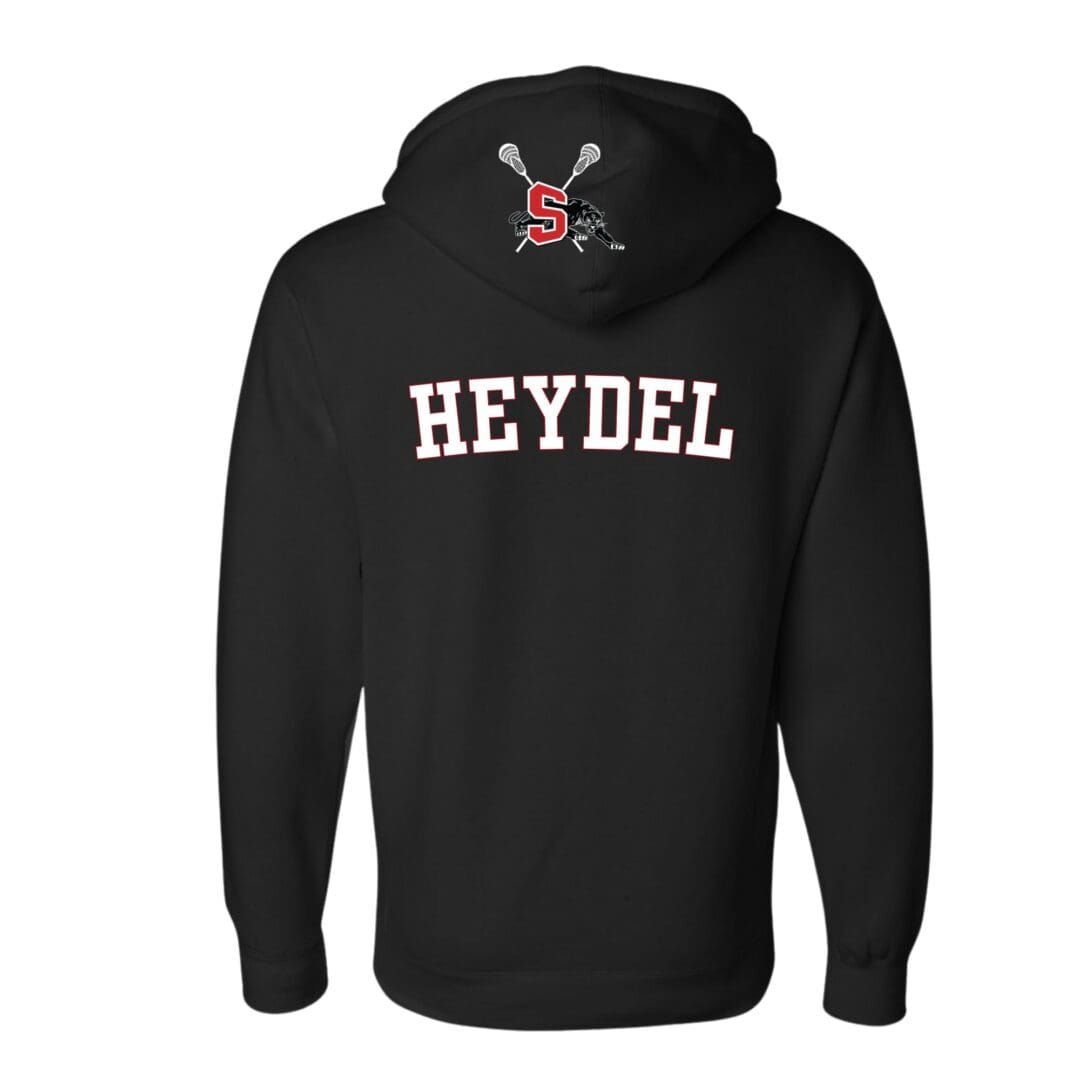 Black hoodie with "Heydel" on the back.