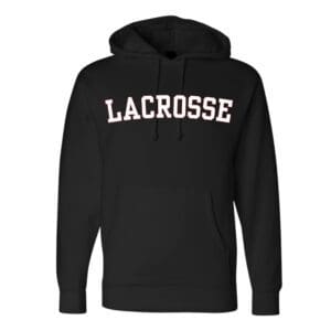 Black hoodie with "Lacrosse" text on front.