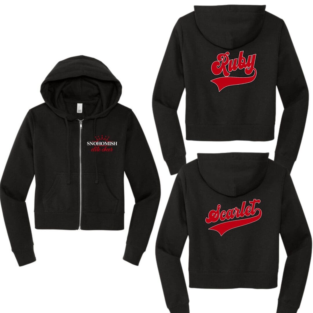 Three black zip hoodies with red script names