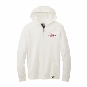 White quarter-zip hoodie with chest logo
