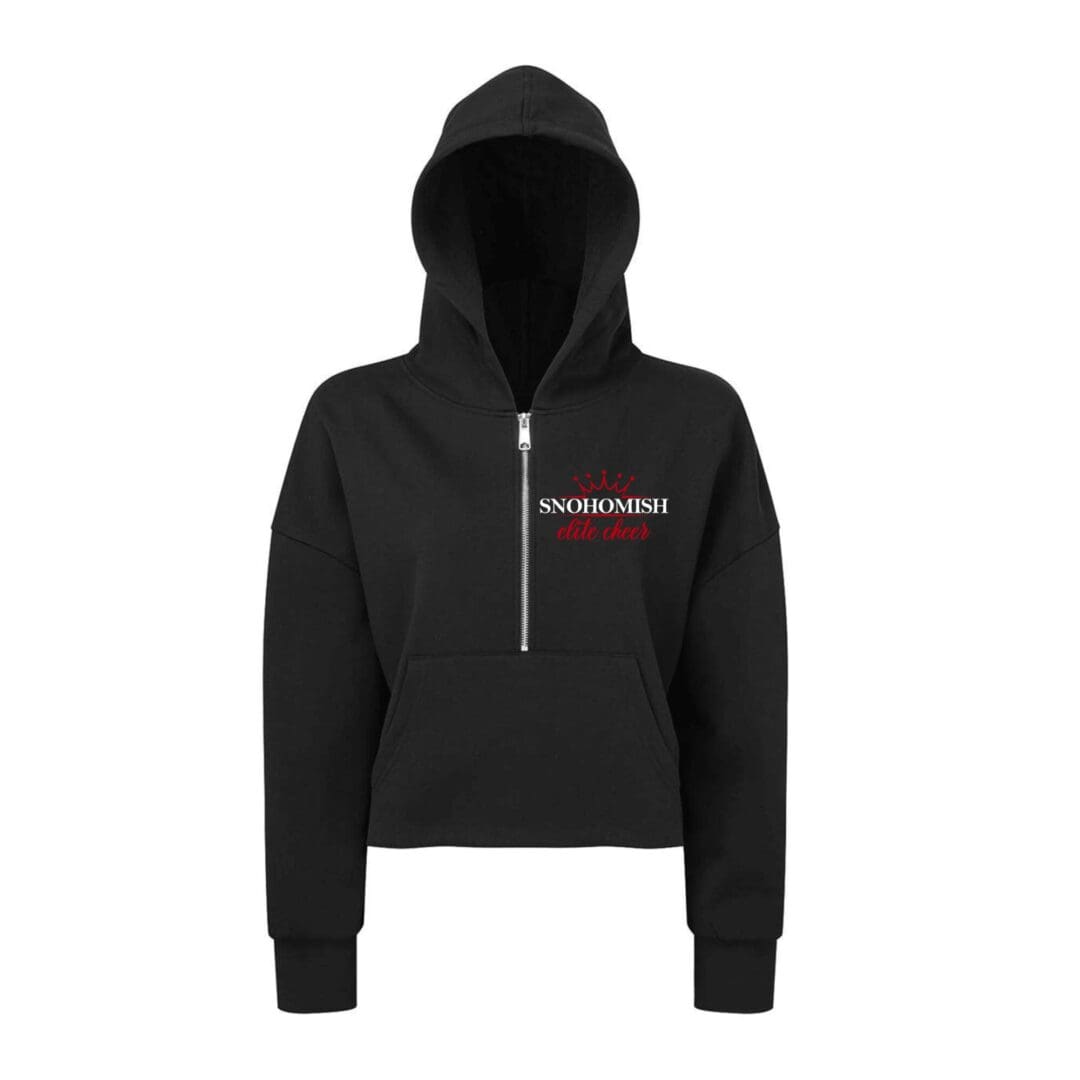 Black cropped half-zip hoodie with Snohomish logo