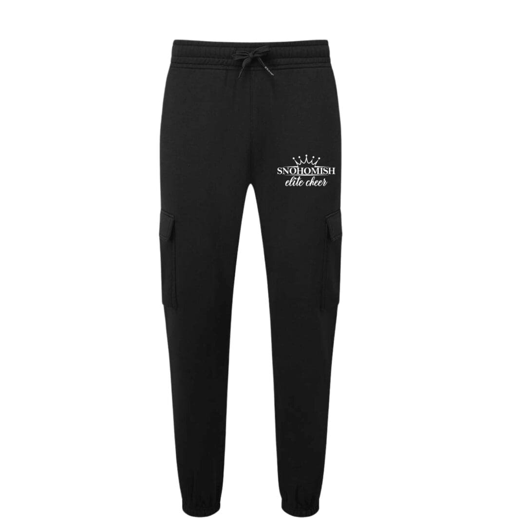 Black cargo joggers with Snohomish Elite Cheer logo
