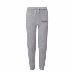 Grey drawstring joggers with small red logo