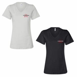 Two women's v-neck tees with chest logos