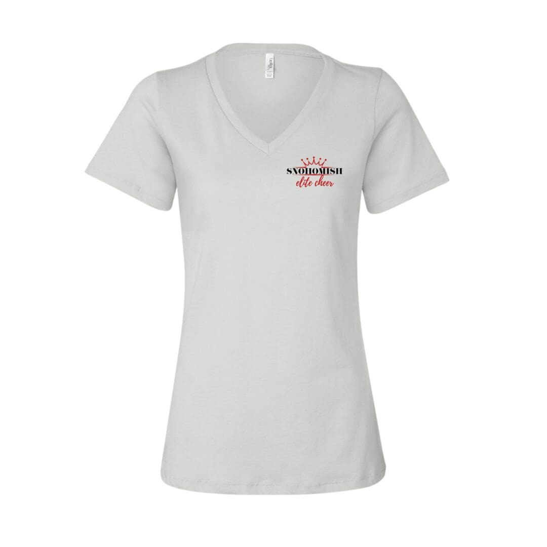 Women's white V-neck tee with saxophonist logo