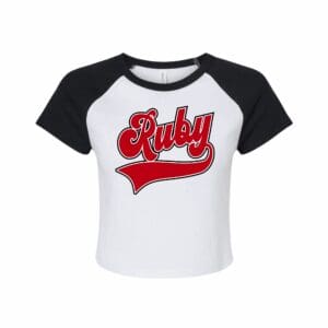 White raglan tee with red Ruby script