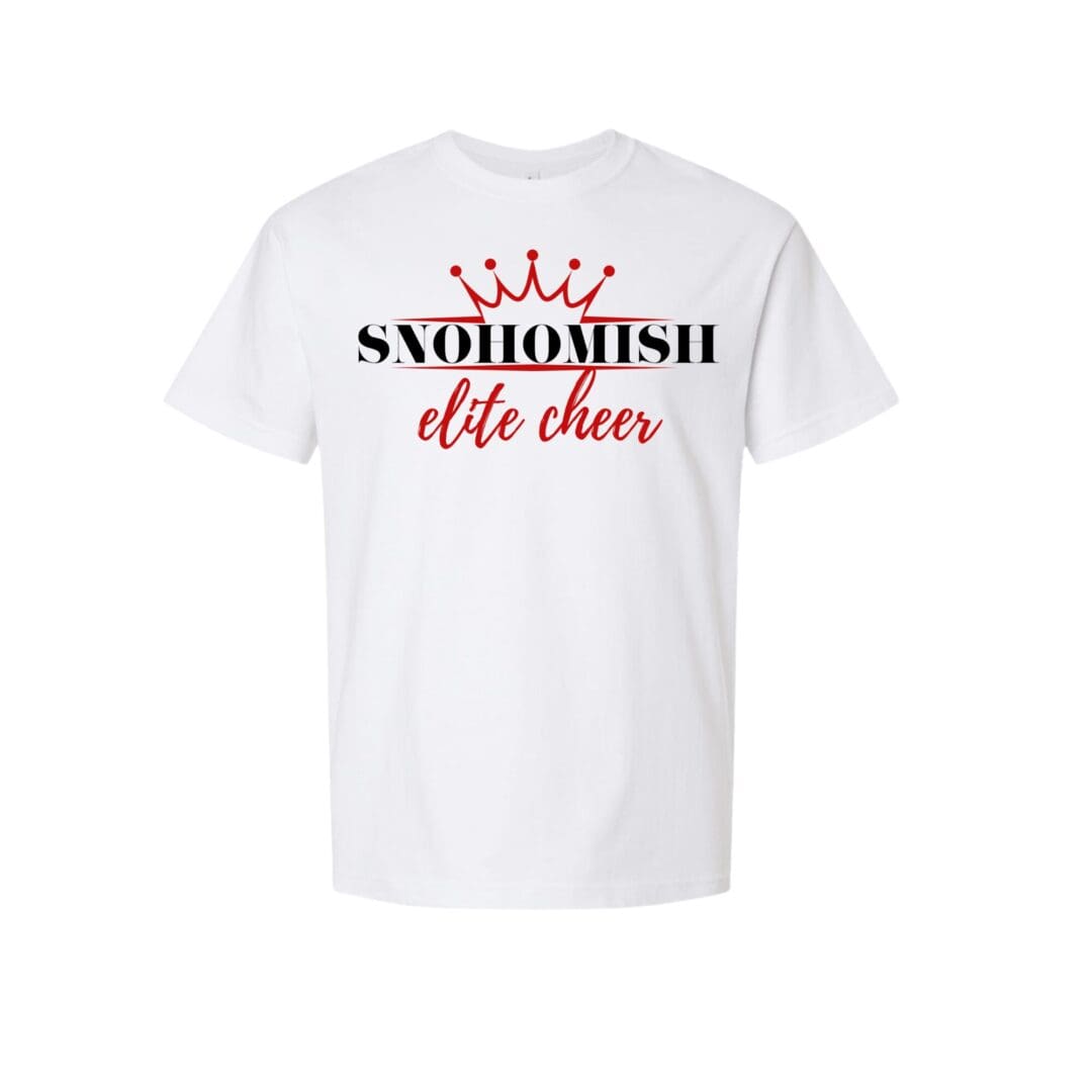 White t-shirt with Snohomish Elite Cheer