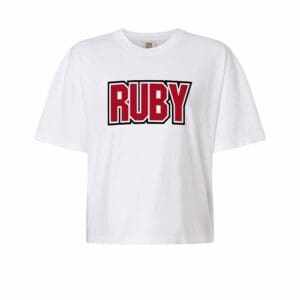 White t-shirt with bold red "RUBY" graphic