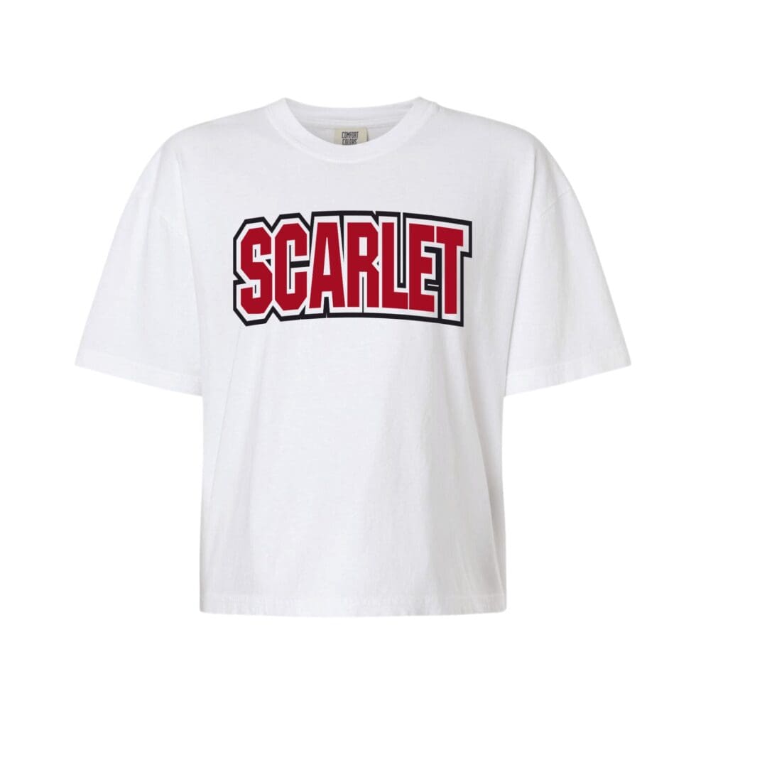 White t-shirt with bold red SCARLET text