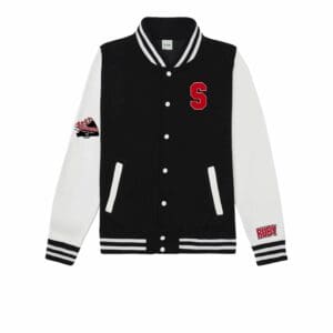 Black and white varsity jacket with red "S