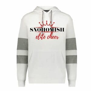 White Snohomish elite cheer hoodie with grey stripes