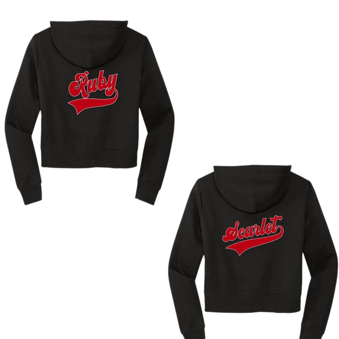 Black hoodies featuring red Ruby and Scarlet