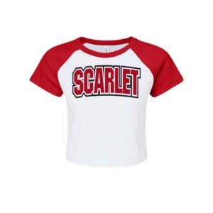White raglan crop tee with SCARLET print