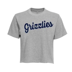 Gray t-shirt with navy "Grizzlies" script